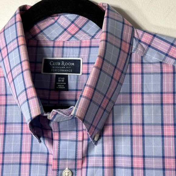 Club Room Dress Shirt Men's 17.5 32-33 Regular Fit Performance Blue Pink Plaid - Picture 2 of 13